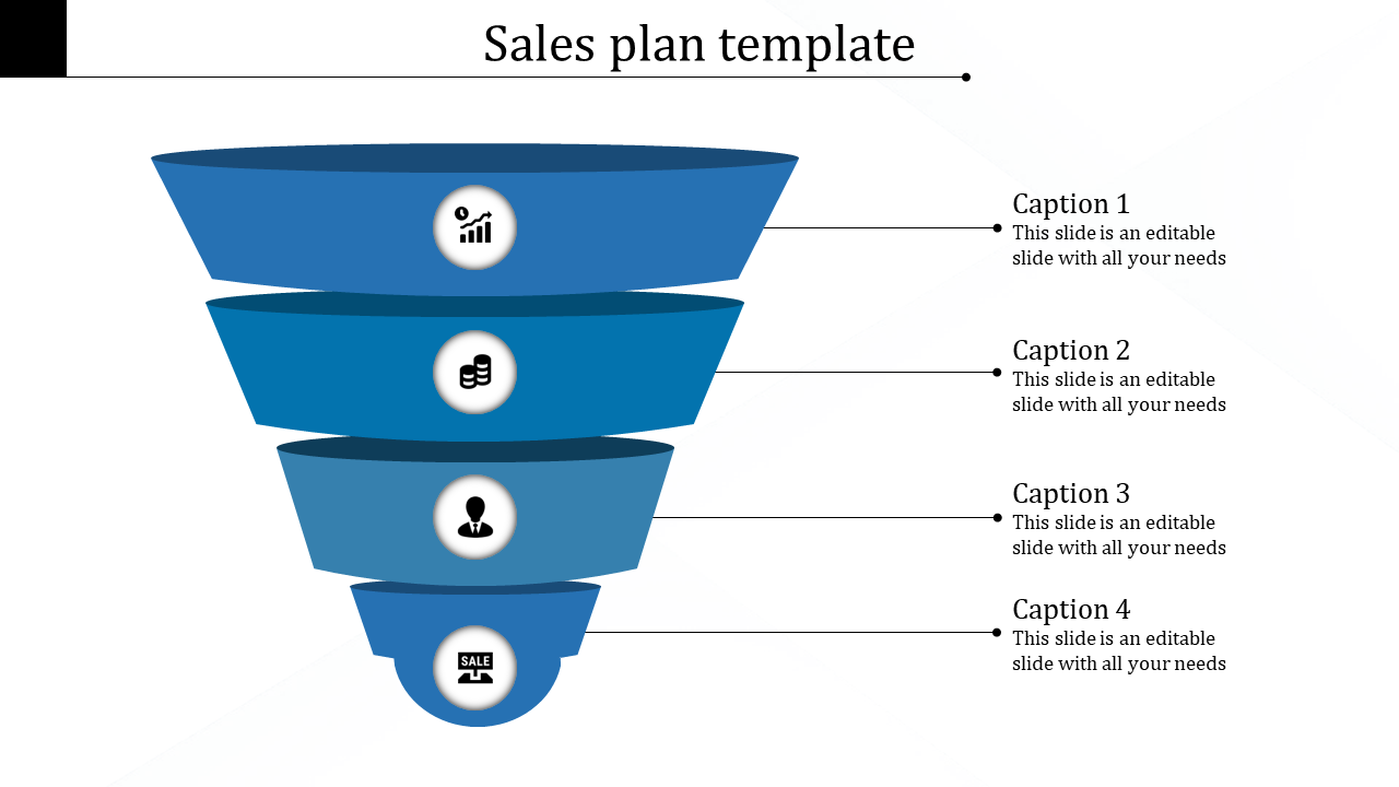 Four tier blue funnel infographic with icons and descriptive captions aligned to the right on a light background.