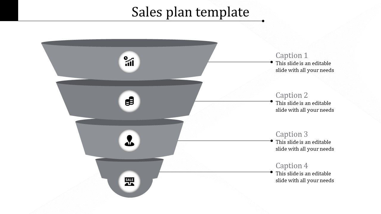 Four tier gray funnel infographic with icons and descriptive captions aligned to the right on a light background.