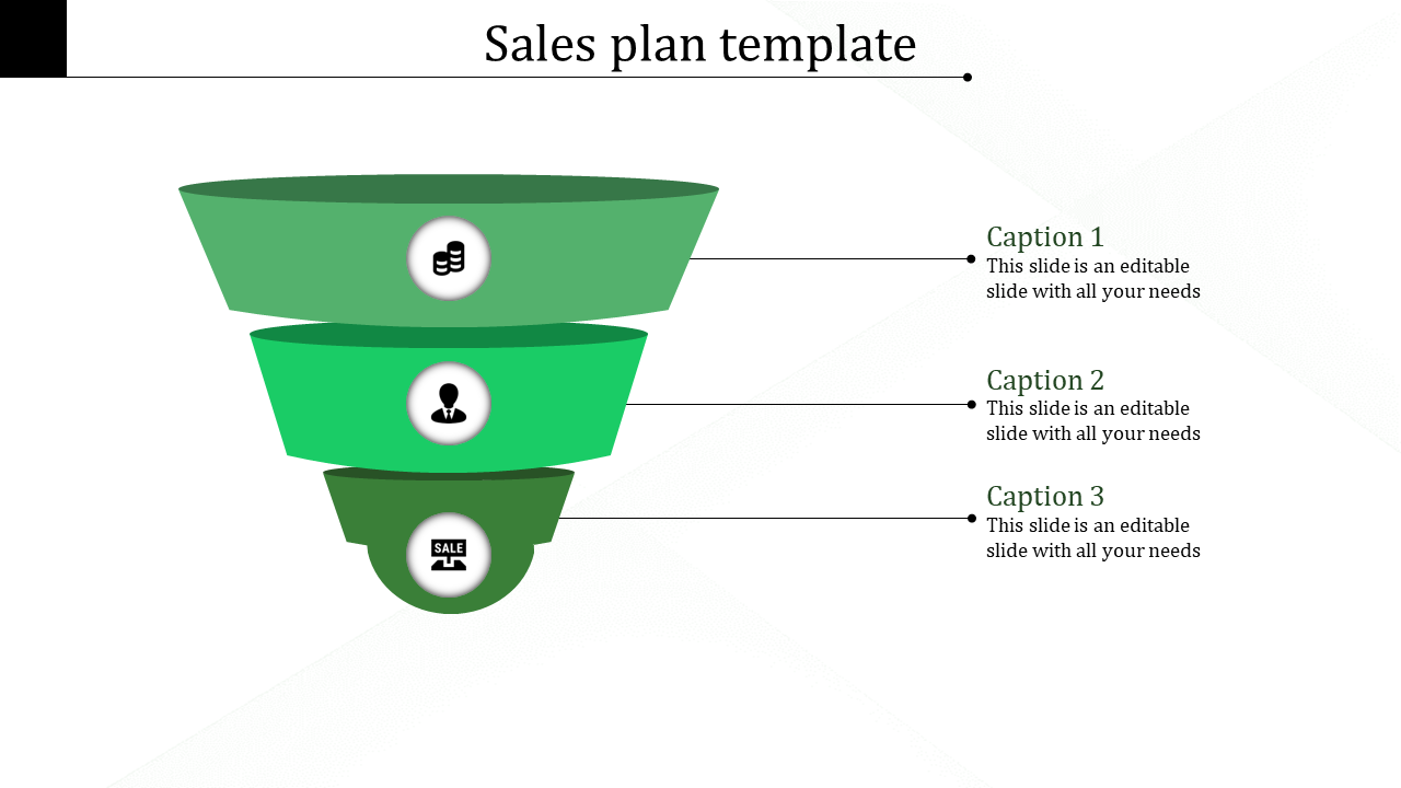 Sales plan template featuring a green funnel with icons representing stages and three linked text captions on the right.