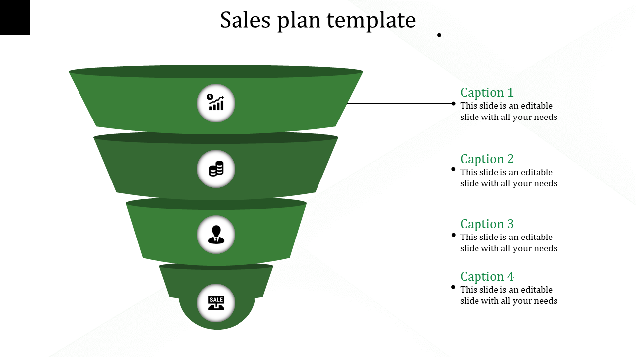 A funnel shaped graphic illustrating a sales plan template, featuring four levels labeled with icons alongside captions.