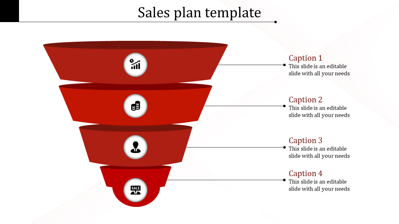 Four tiered red funnel representing a sales plan, each layer featuring icons and captions on the right.