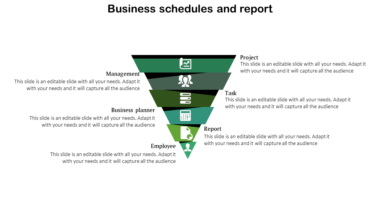 Slide showing six tiered green gradient funnel with icons and text, representing business schedules and reports.