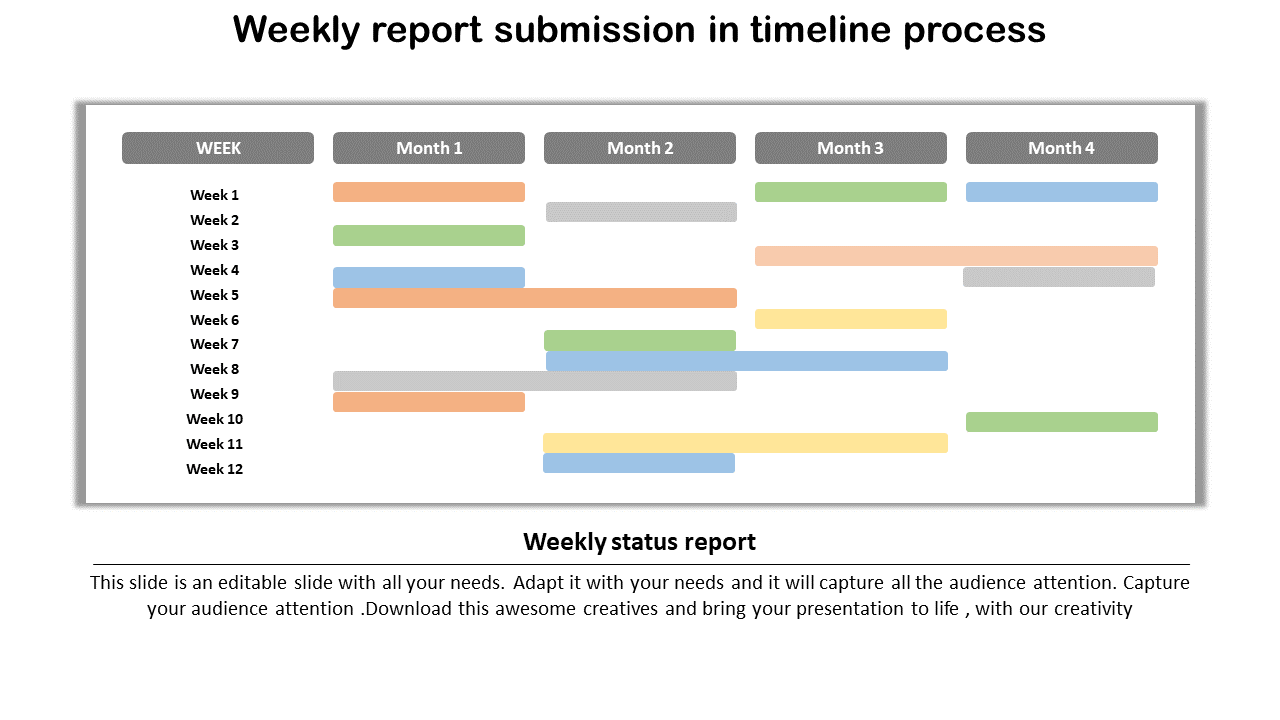 Timeline of weekly project report submissions across four months, using color-coded bars to different report durations.