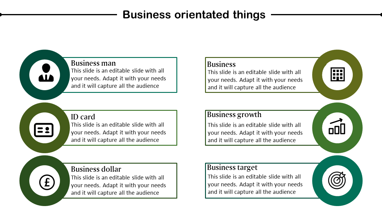 PowerPoint slide featuring icons for businessman, ID card, dollar, target, and growth, paired with text descriptions.