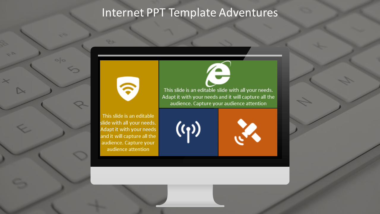 Digital themed slide with a monitor showcasing four quadrants for internet-related topics, each marked by captions areas. 