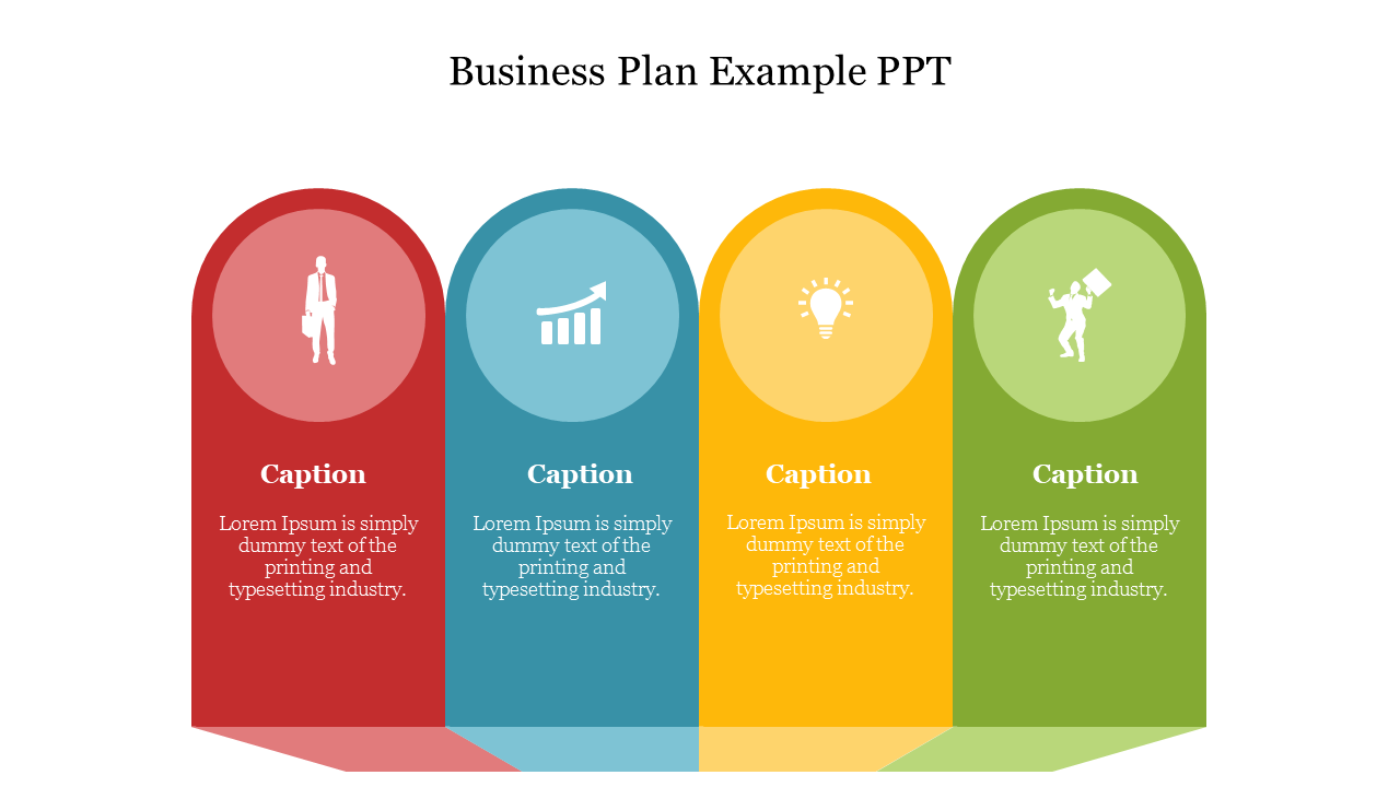 Business plan example slide displaying four labeled arches in vibrant colors, representing key concepts.