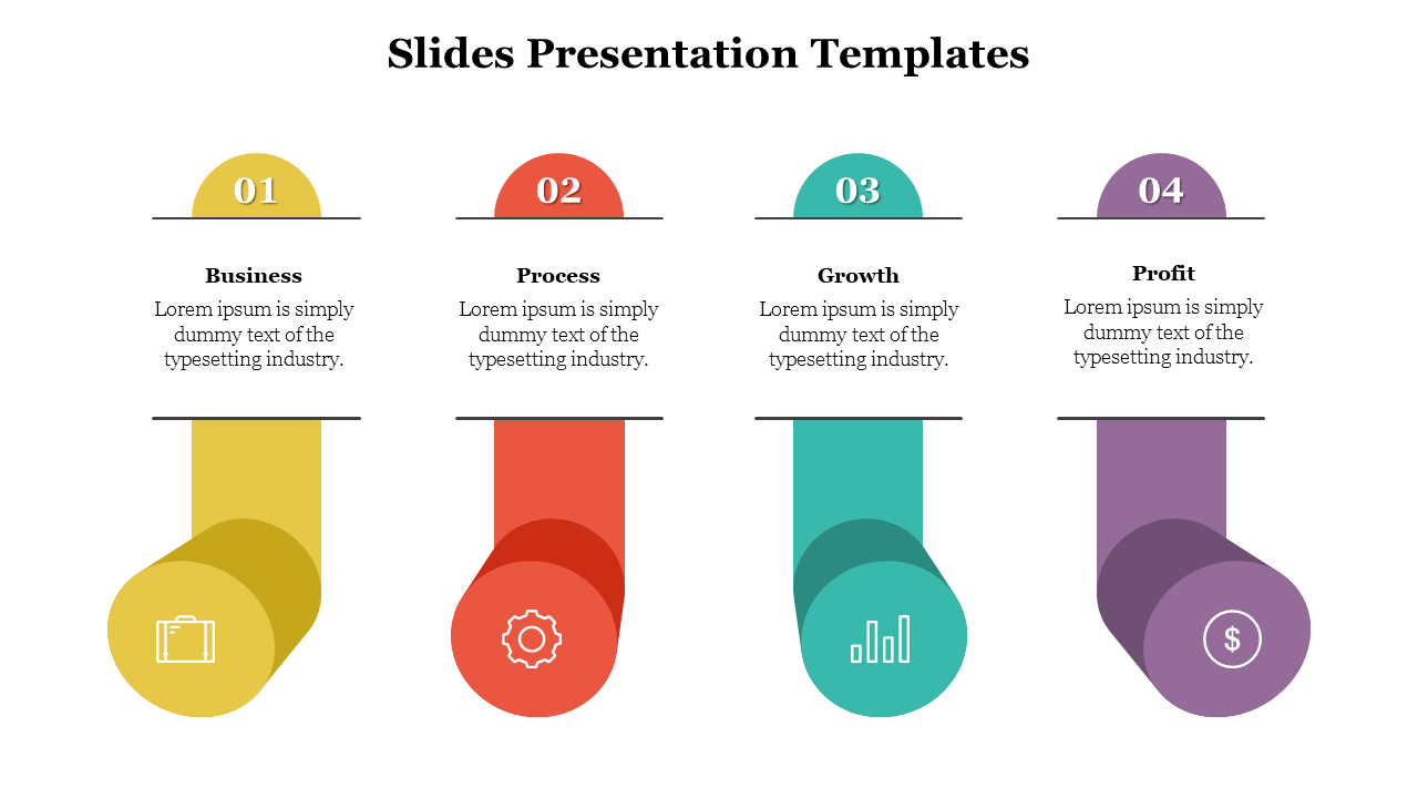 Vertical layout with four numbered cylindrical shapes in yellow, red, green, and purple illustrating business concepts.