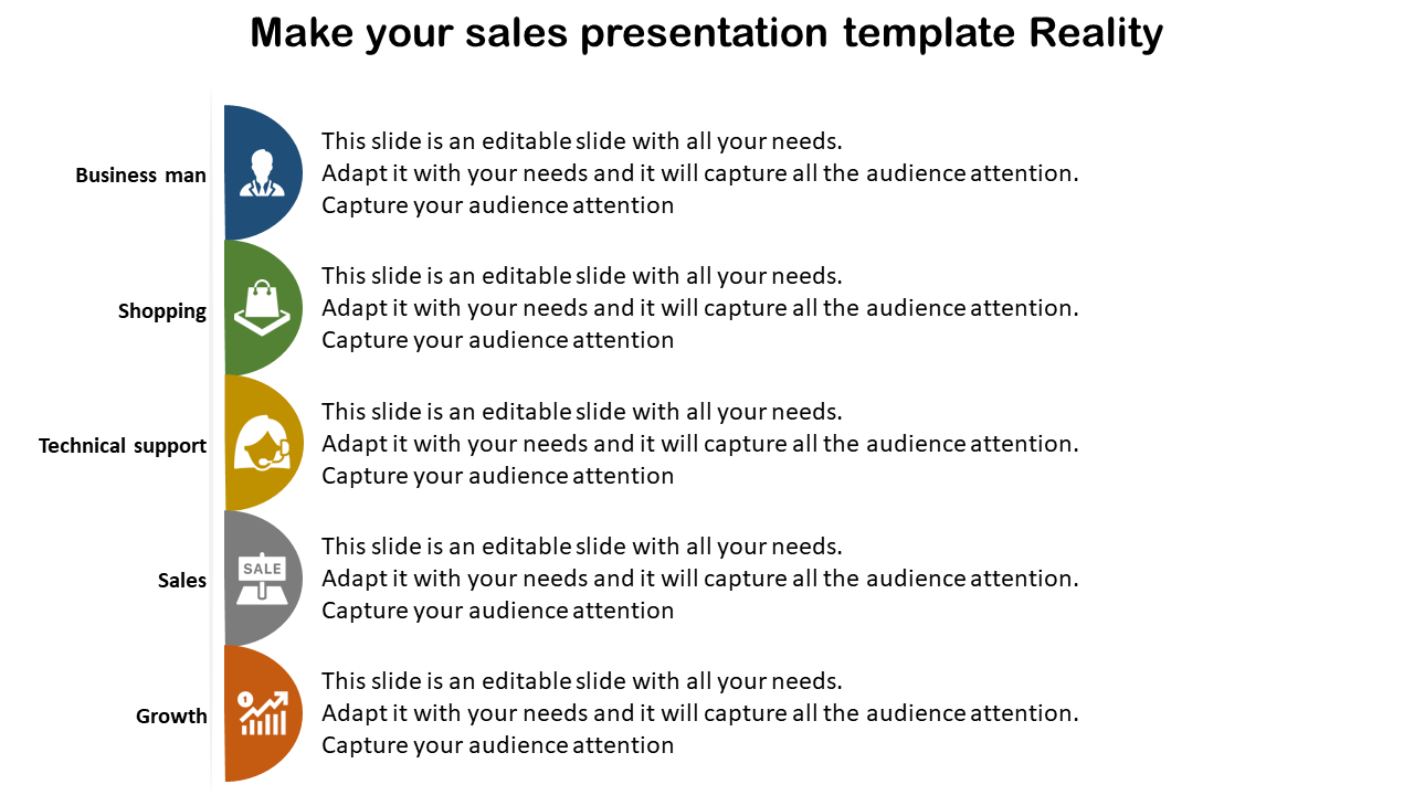 Sales presentation slide featuring five sections with icons for business, shopping, technical support, sales, and growth.