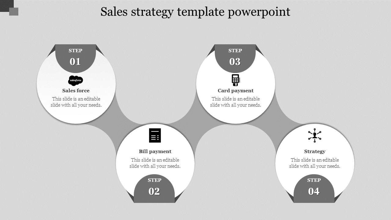 Sales strategy PowerPoint template with four grey steps represented by circular icons with placeholder text.