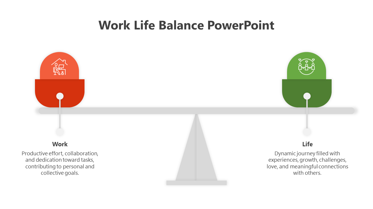 Illustration of work-life balance using a gray seesaw, balanced between a red work symbol and a green life symbol.