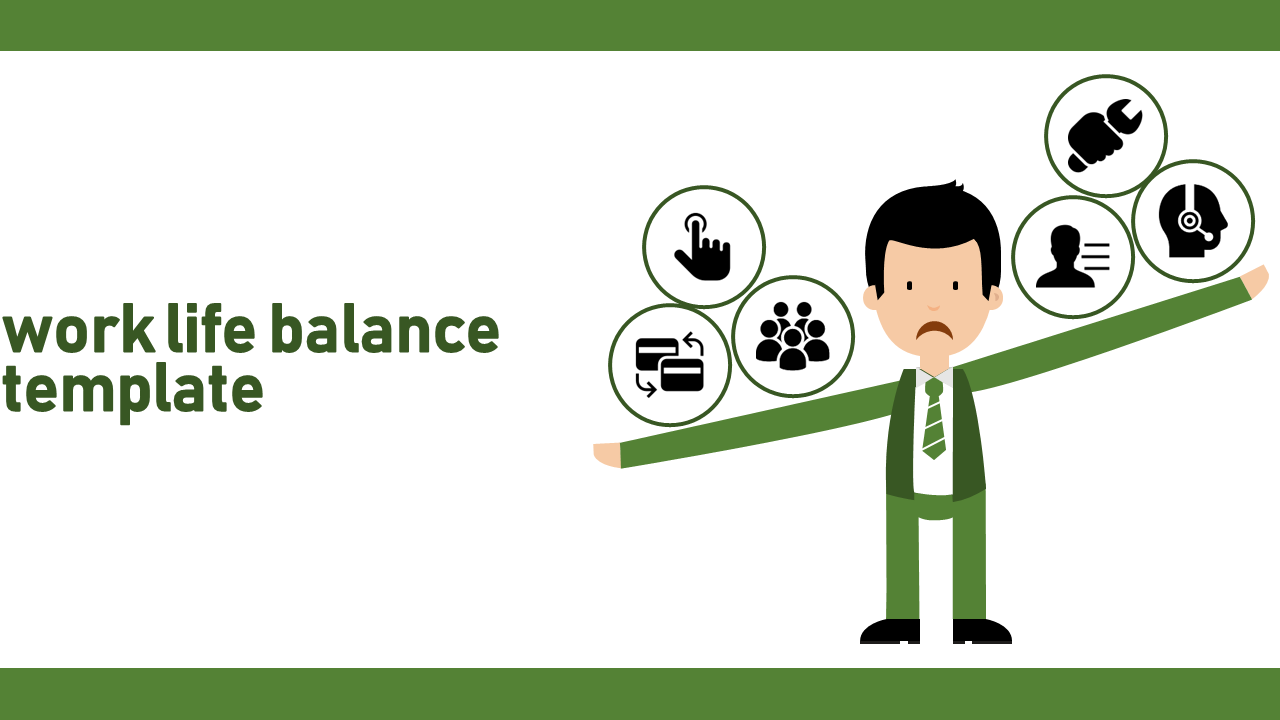 Illustration of a man in suit balancing multiple icons related to work on his extended arms, all in green accents.