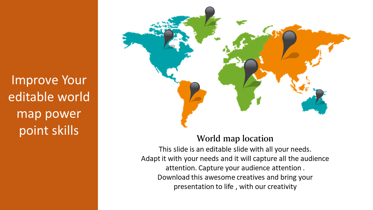 World map PowerPoint slide with location markers on multiple continents and a bold orange sidebar.