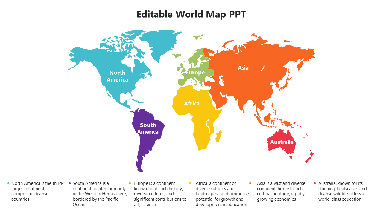 World map slide highlighting North America, South America, Europe, Africa, Asia, and Australia.