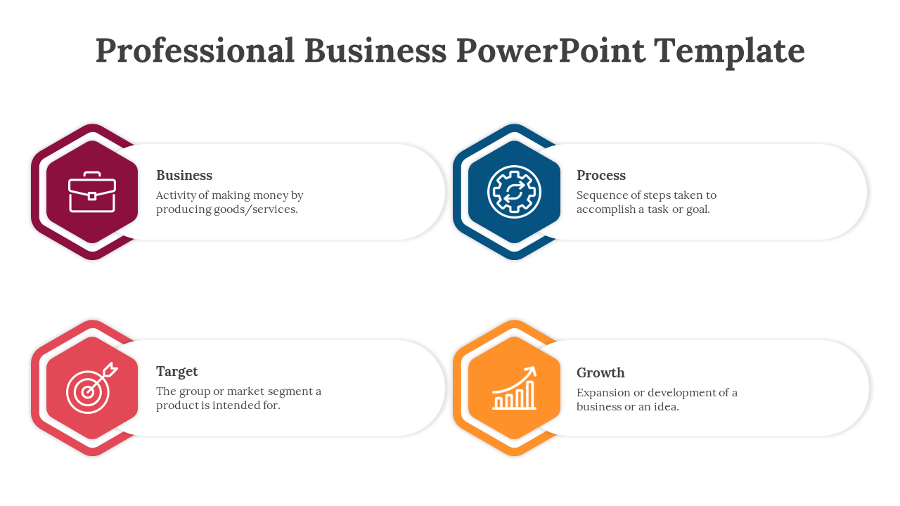 Professional business slide showcasing colorful hexagonal icons representing business, process, target, and growth.