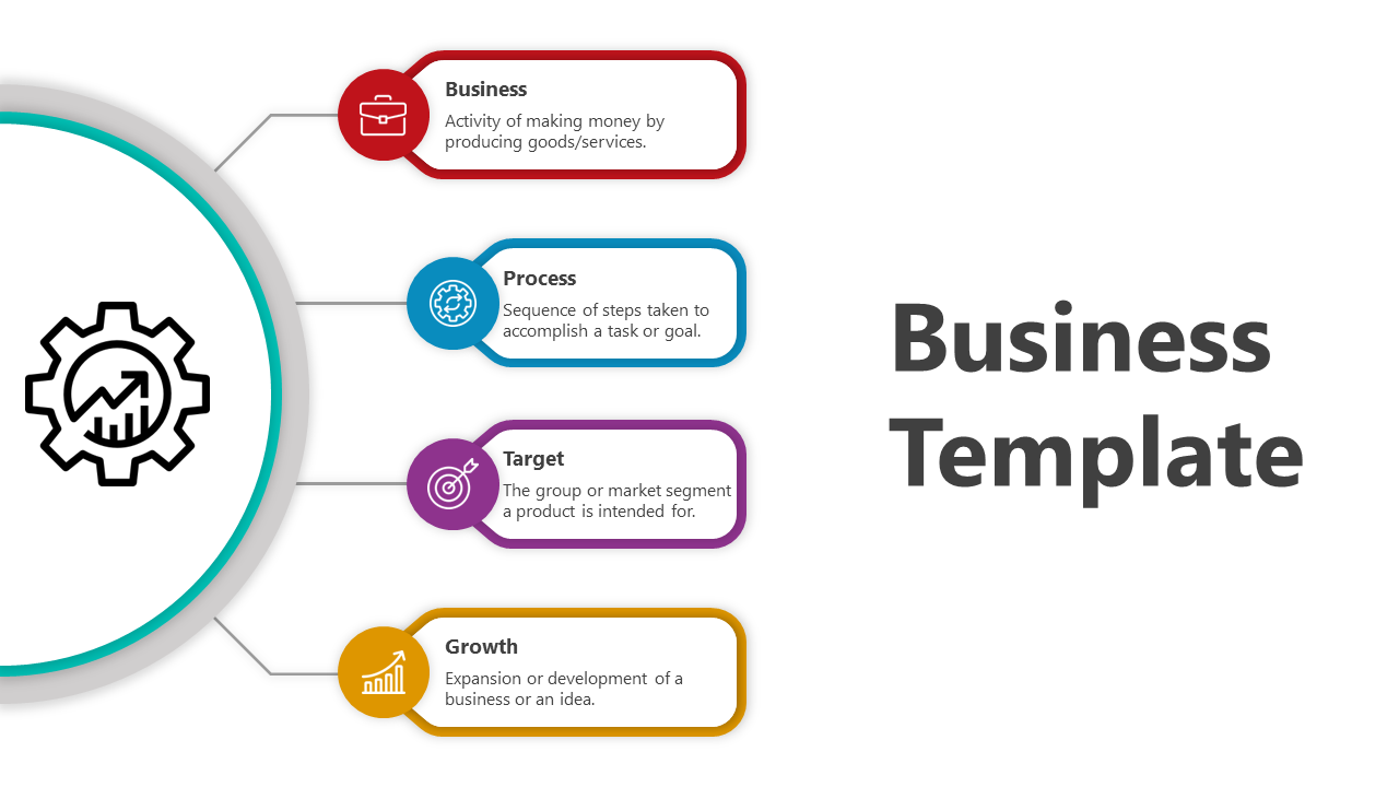 Slide featuring a gear icon on the left and four colorful labeled sections for business stages on the right.