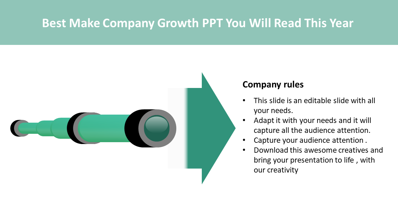 Business slide featuring a tubular graphic in green and black, with text rules displayed next to a large arrow.