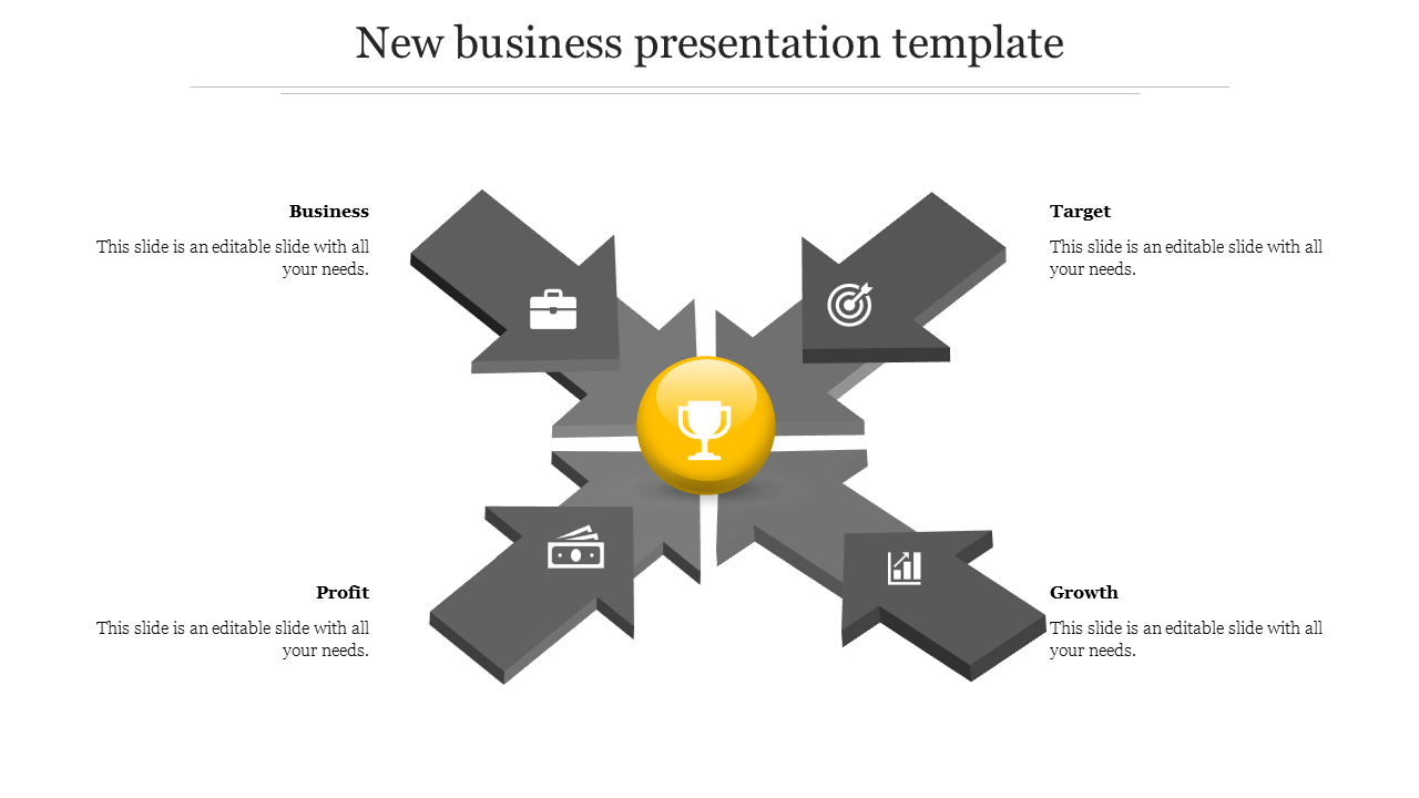 Central yellow trophy and four surrounding gray arrows each with business related icons.