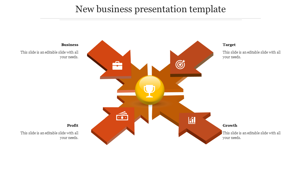 New business presentation template featuring a central orange trophy icon with four arrows and placeholder text.