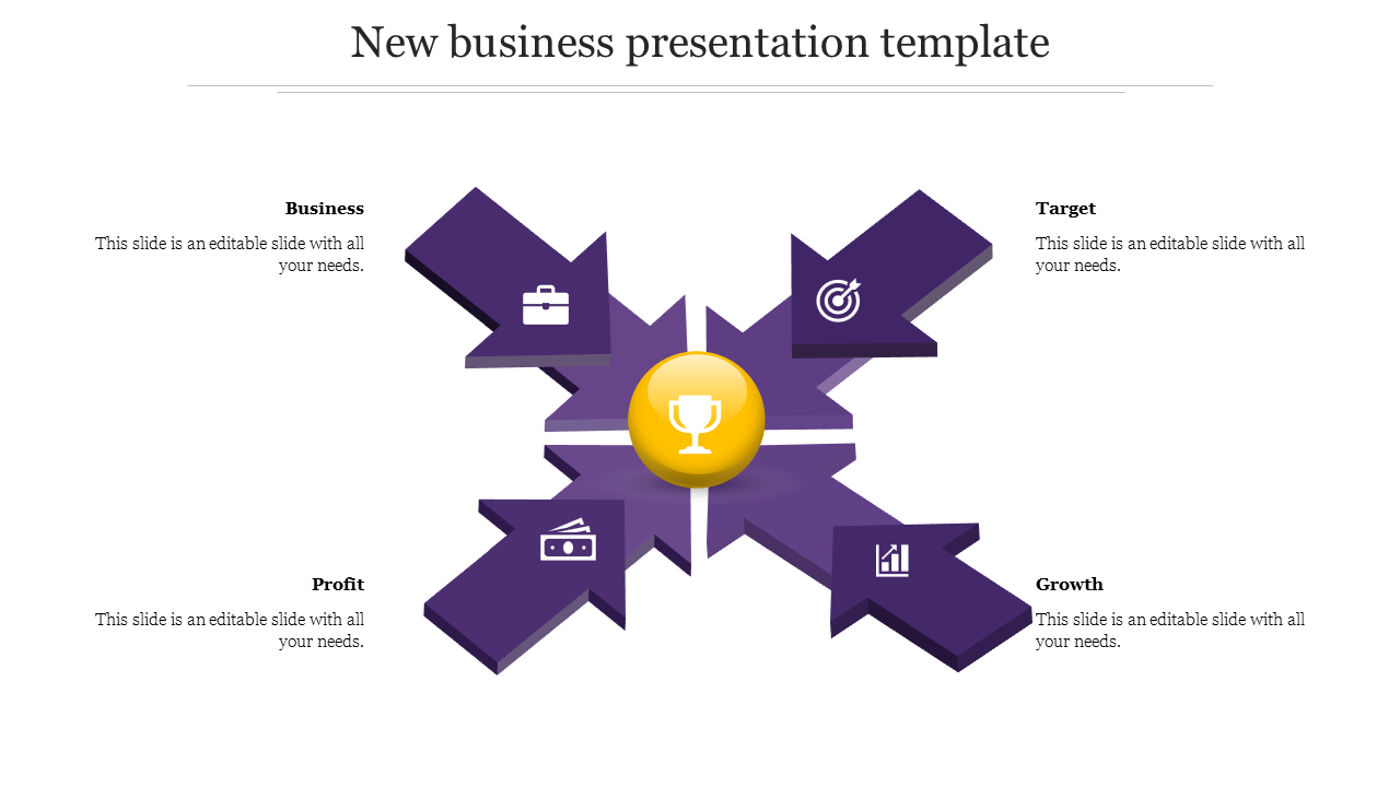 Business presentation layout with four purple arrows pointing to a central trophy icon, with labeled categories.