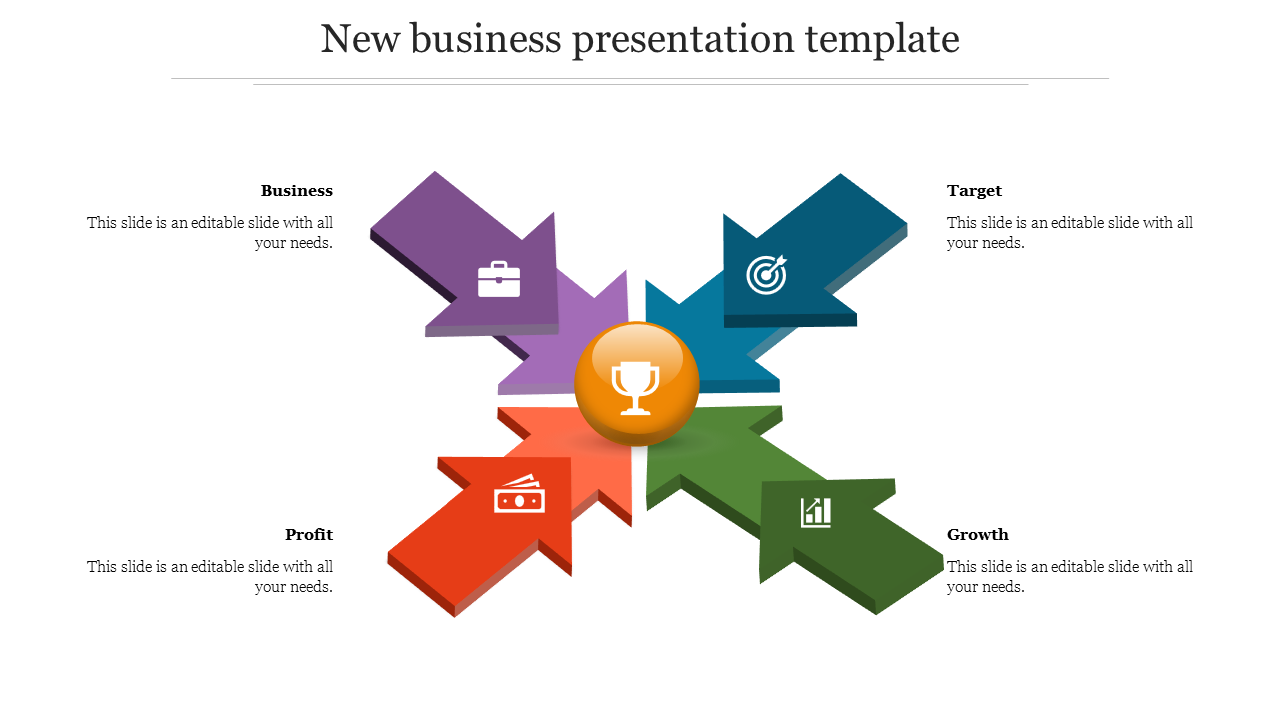 Colorful arrows converging towards a central orange trophy icon, representing business, target, profit, and growth.