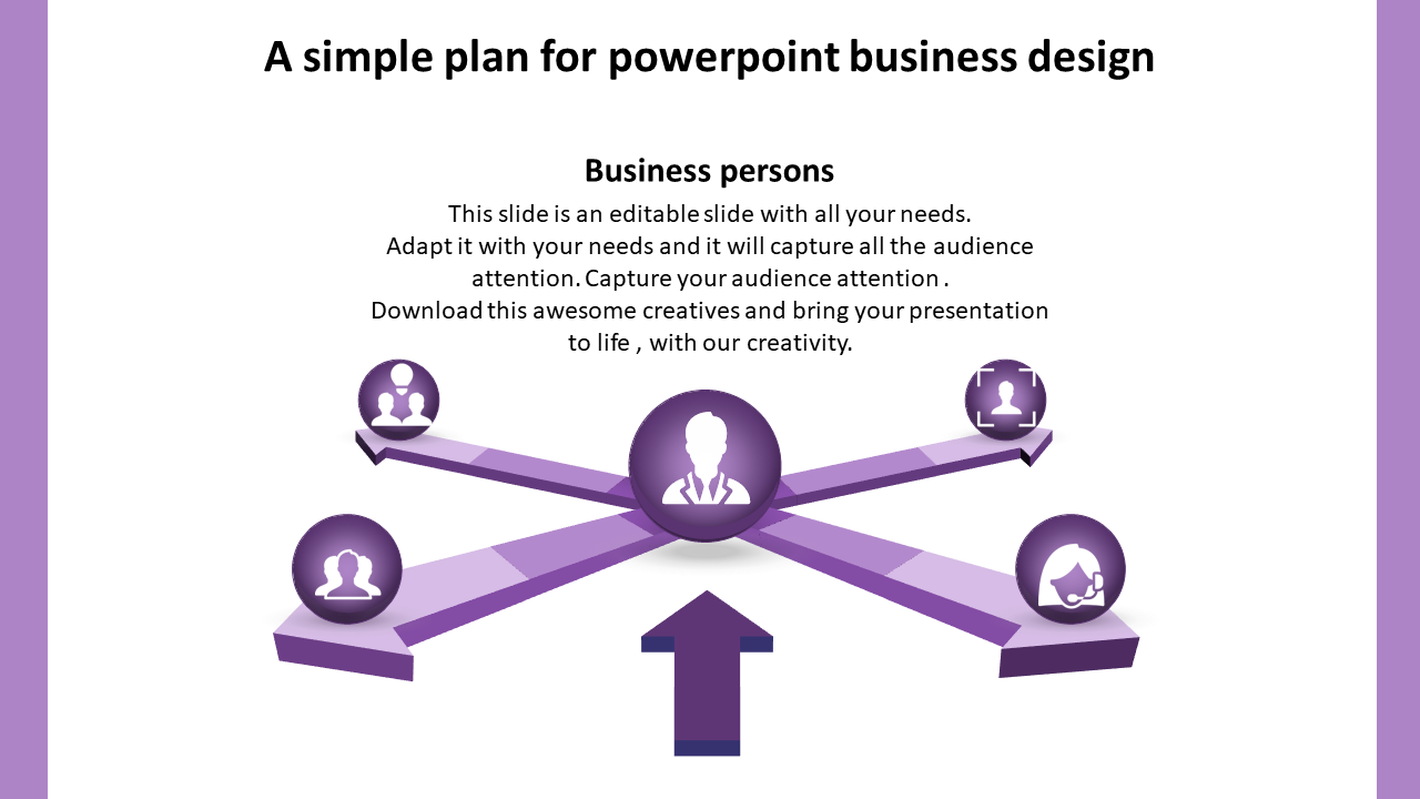 Business strategy slide with a simple plan and purple arrows pointing towards various business personas.