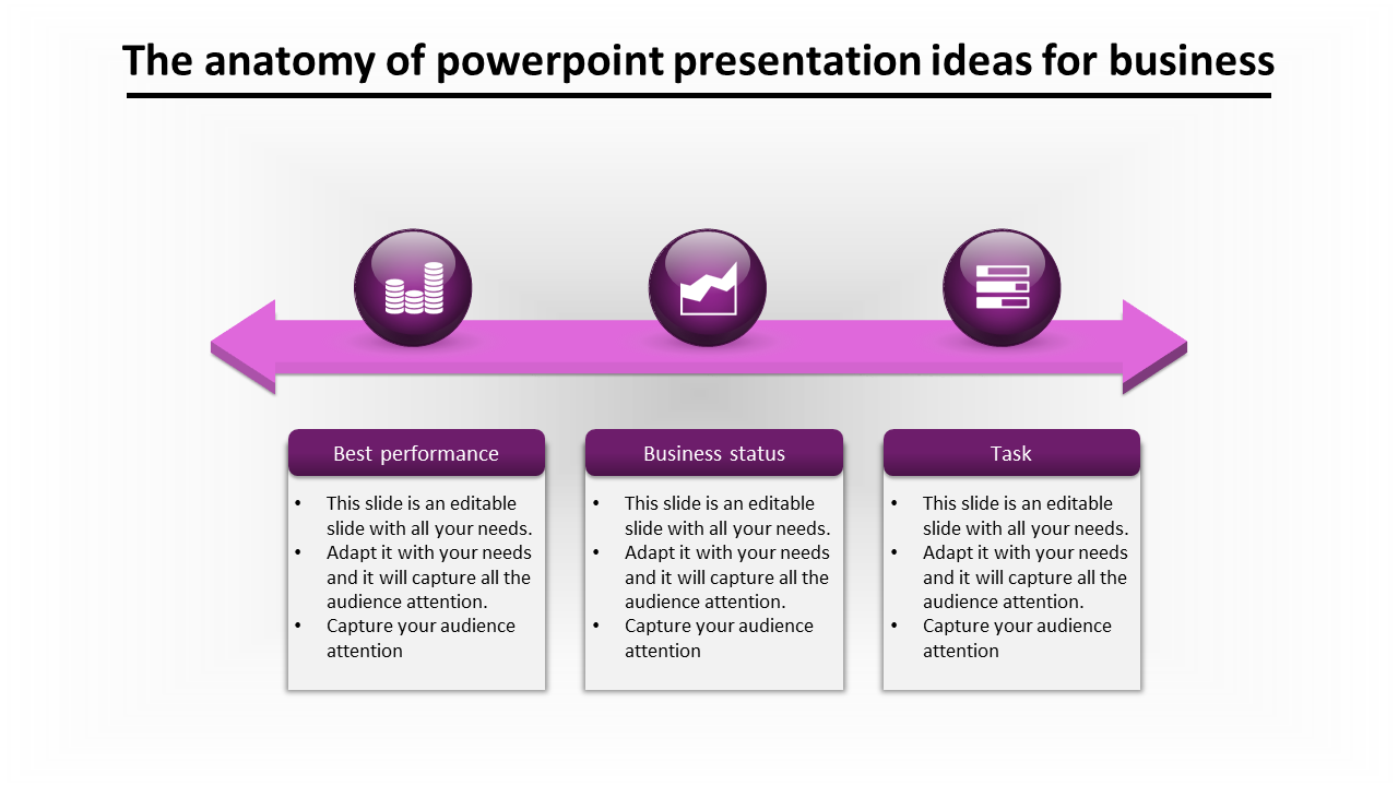 A slide showing three icons labeled Best Performance, Business Status, and Task with a purple arrow connecting them.