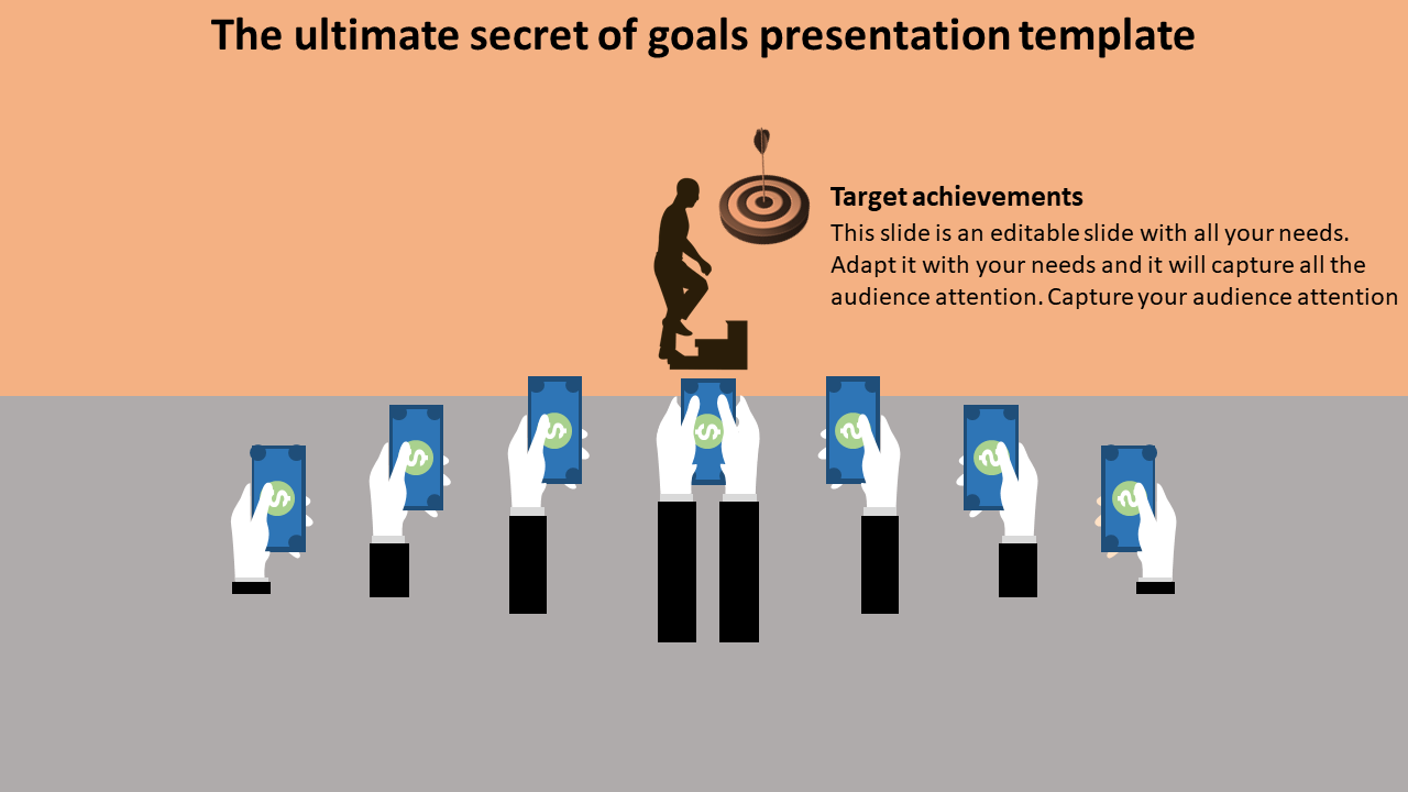 Goal achievement presentation template with a figure climbing towards a target and people holding phones.