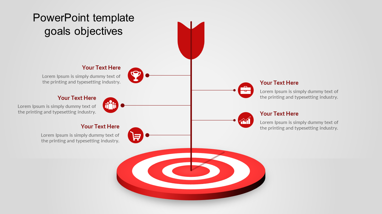 Slide featuring five steps, each labeled with a specific goal and accompanied by icons, leading to a final objective.