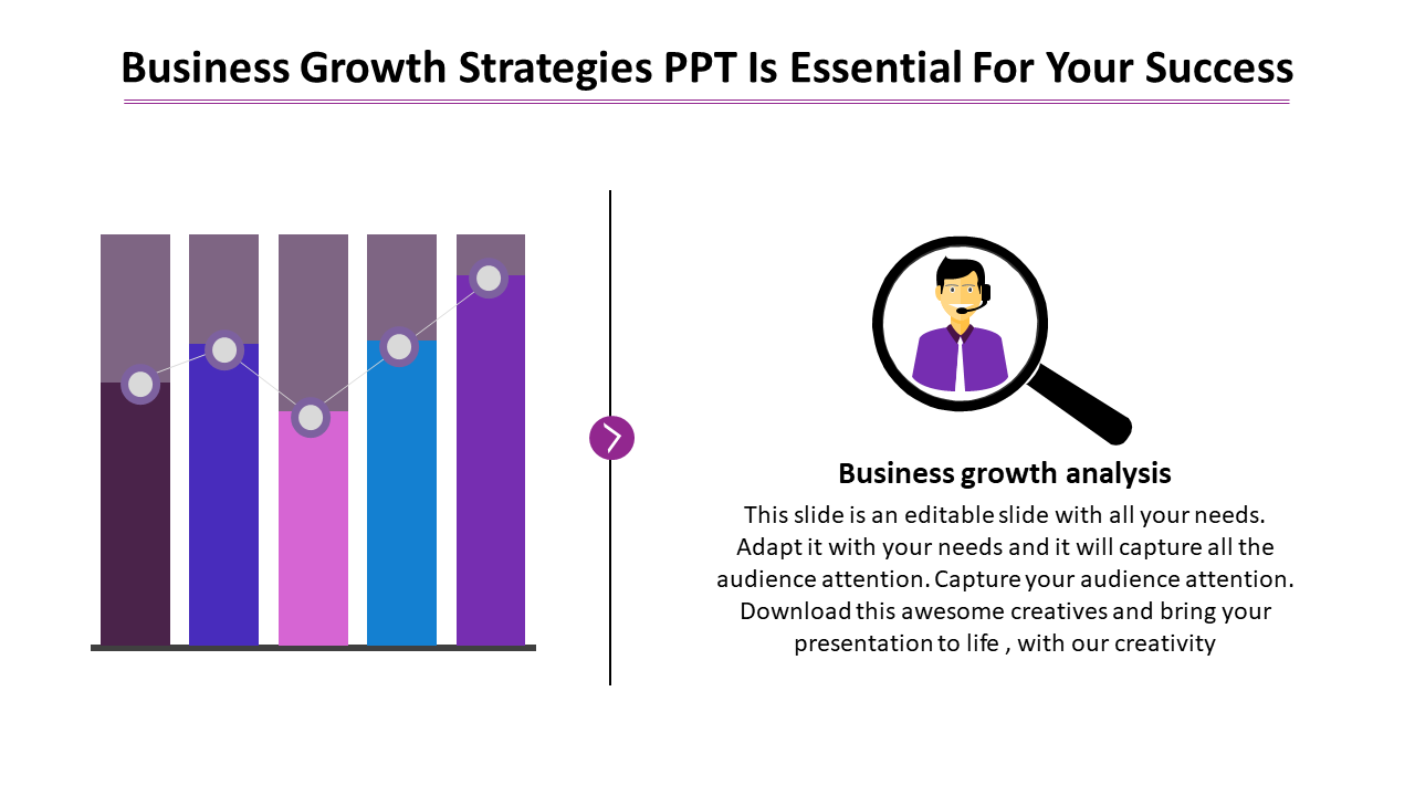 Growth analysis illustration featuring a bar graph and a magnified businessman icon with a caption areas.