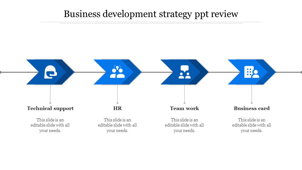 Business development strategy PPT template with four blue arrows representing key areas with icons and placeholder text.