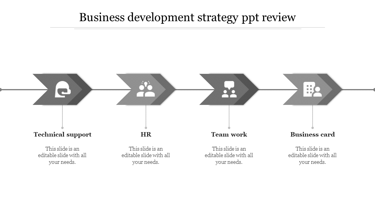 Business development strategy slide featuring a timeline with steps from technical support to business card with icons.