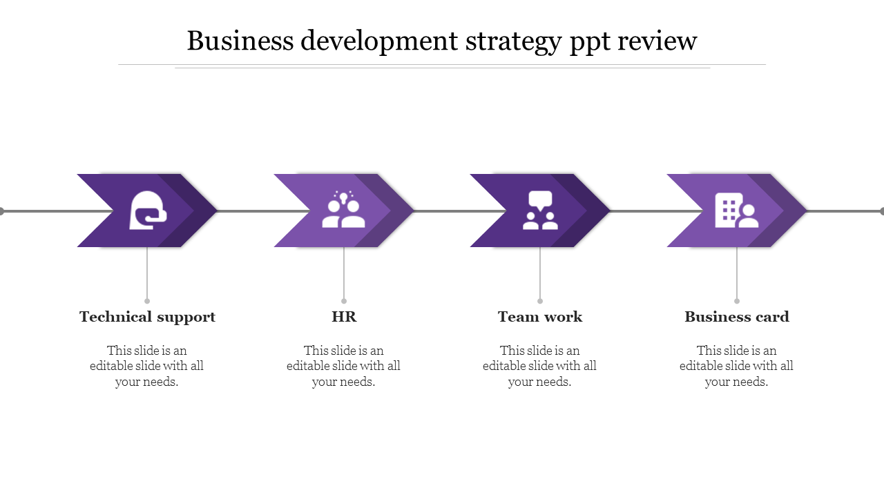 Business development strategy PPT template with four purple arrows representing key areas with icons and placeholder text.