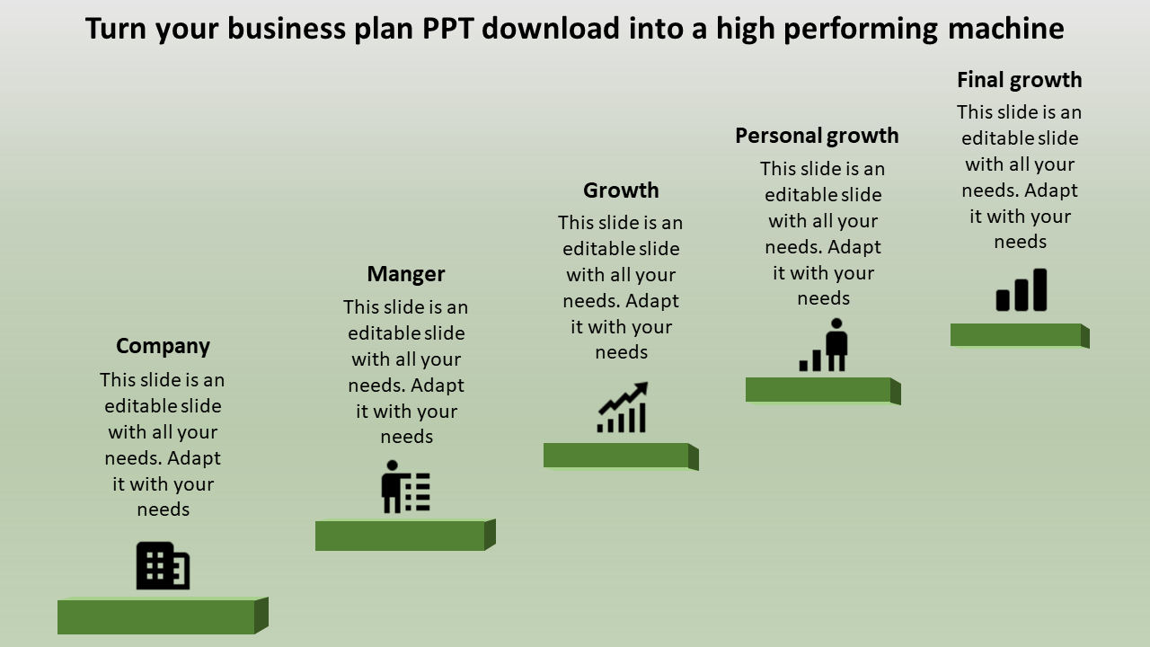 Business plan growth slide with green ascending blocks featuring company, manager, and growth steps.