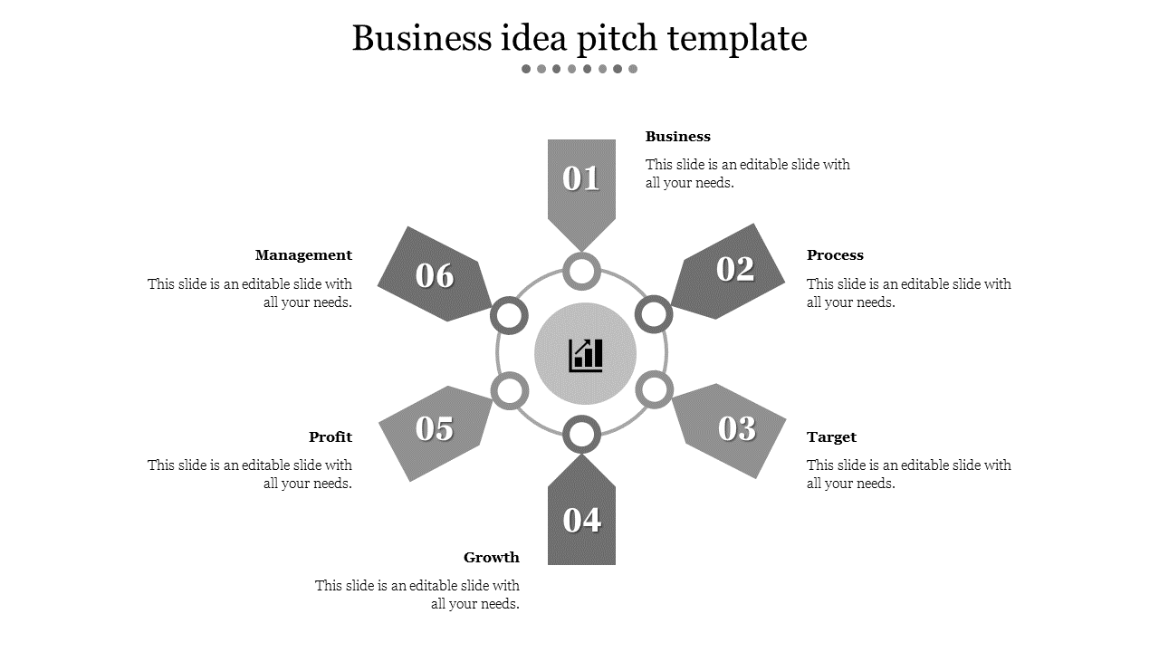 Grayscale slide with six numbered pentagons arranged in a circular layout, each representing a business idea step.