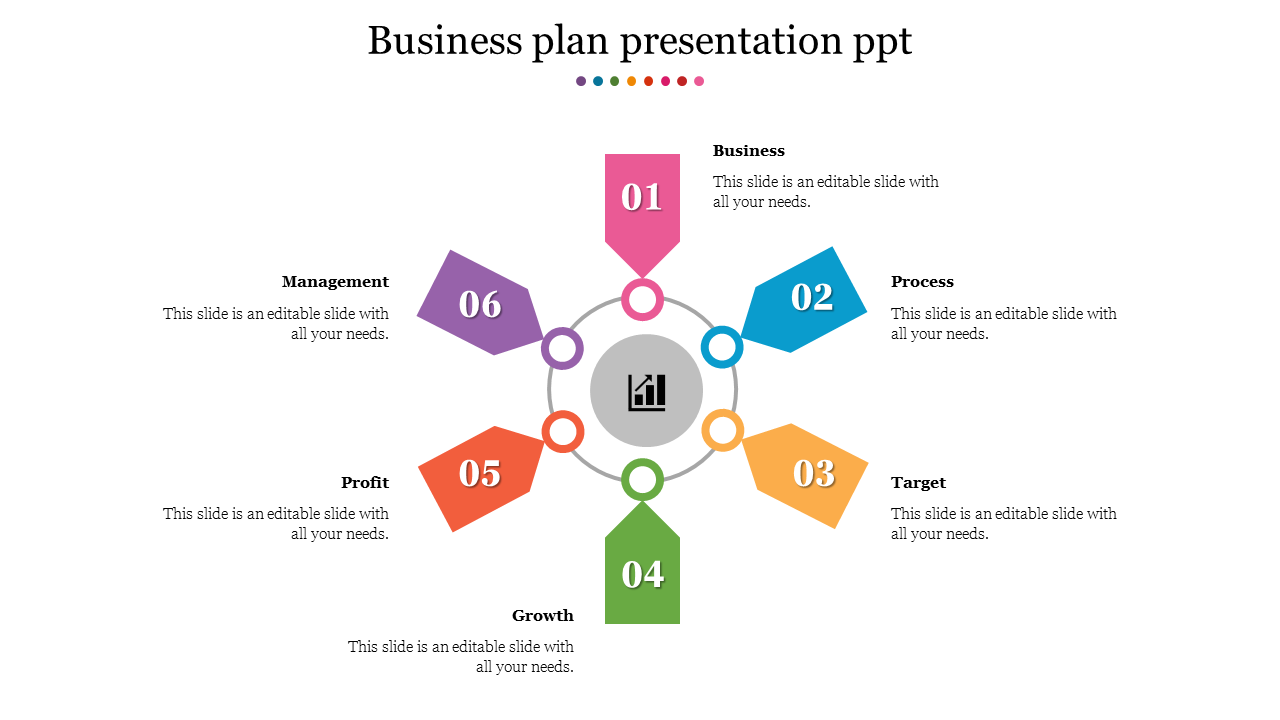 Circular infographic with six numbered segments representing business concepts around a central icon, each in a unique color.