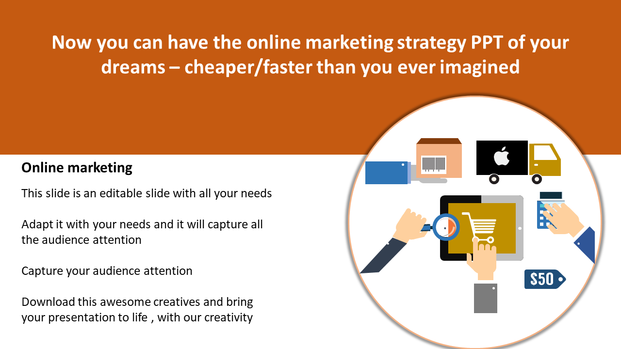 Marketing slide with a circular illustration of online shopping icons and a text section with orange header above.