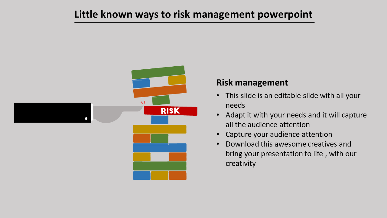 Slide showing a hand interacting with a red block labeled risk in a stack of colorful tiles, alongside text.