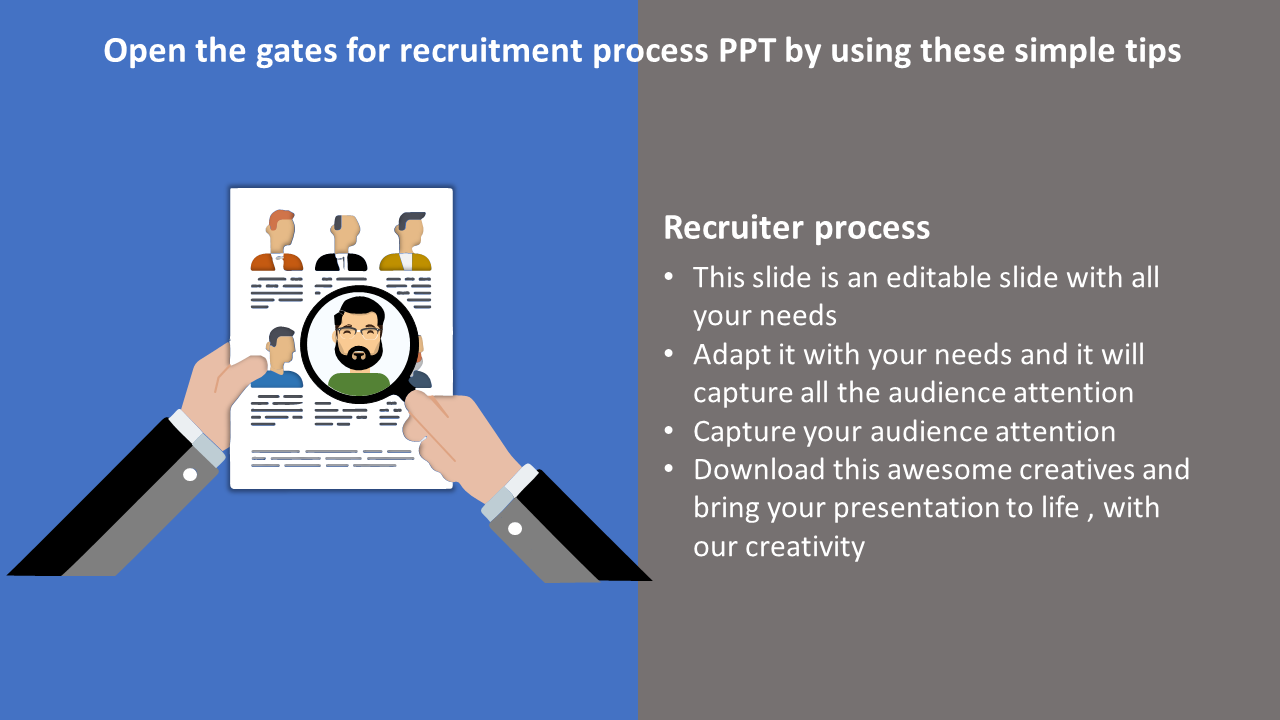 Recruitment-themed slide featuring a resume under review with a magnifying glass, candidate photos, and a list of tips.