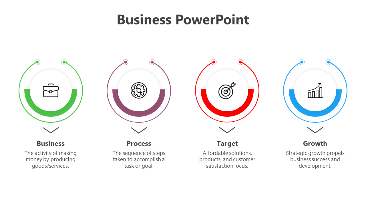 Business PowerPoint slide featuring icons and descriptions for business, process, target, and growth.