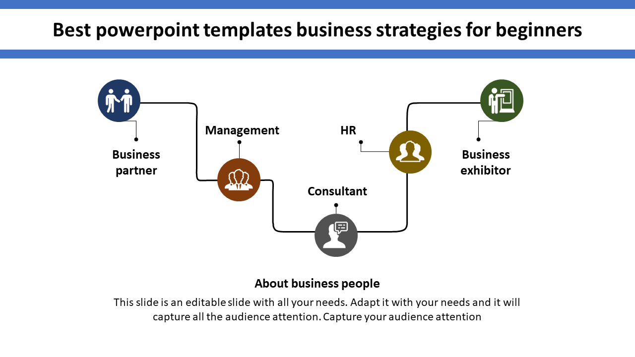 PowerPoint template showing business strategies from Business Partner to Exhibitor with icons and placeholder text.