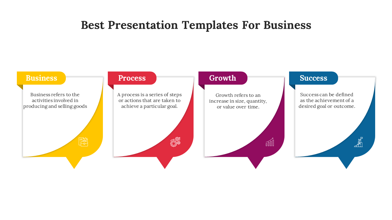 PowerPoint template showing four business concepts Business, Process, Growth, and Success with accompanying icons.