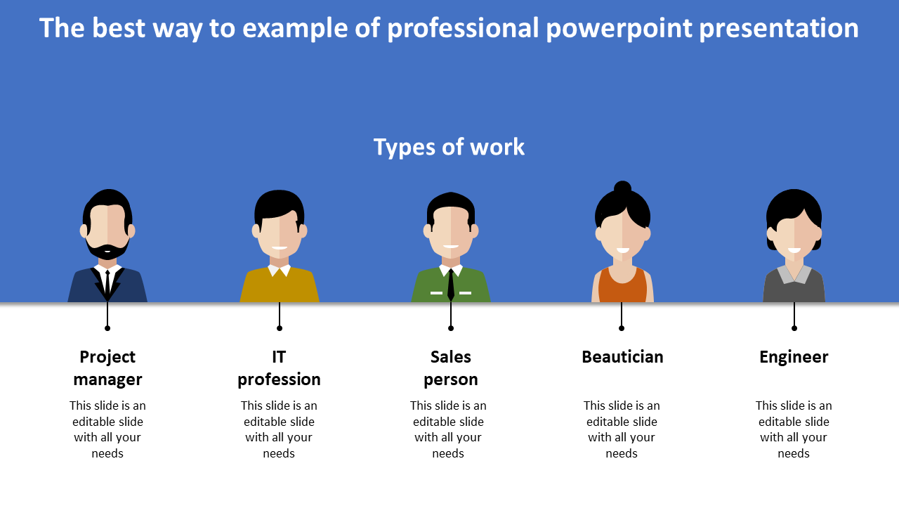 Professional slide showcasing  illustrations of various professions: project manager, IT, sales, beautician, and engineer.