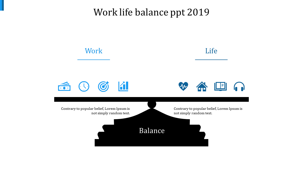 Work-life balance concept with icons representing productivity and personal well-being on a scale.