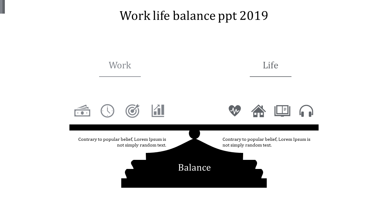 Monochrome scale balacing work and life icons, balanced on a black base labeled with title.