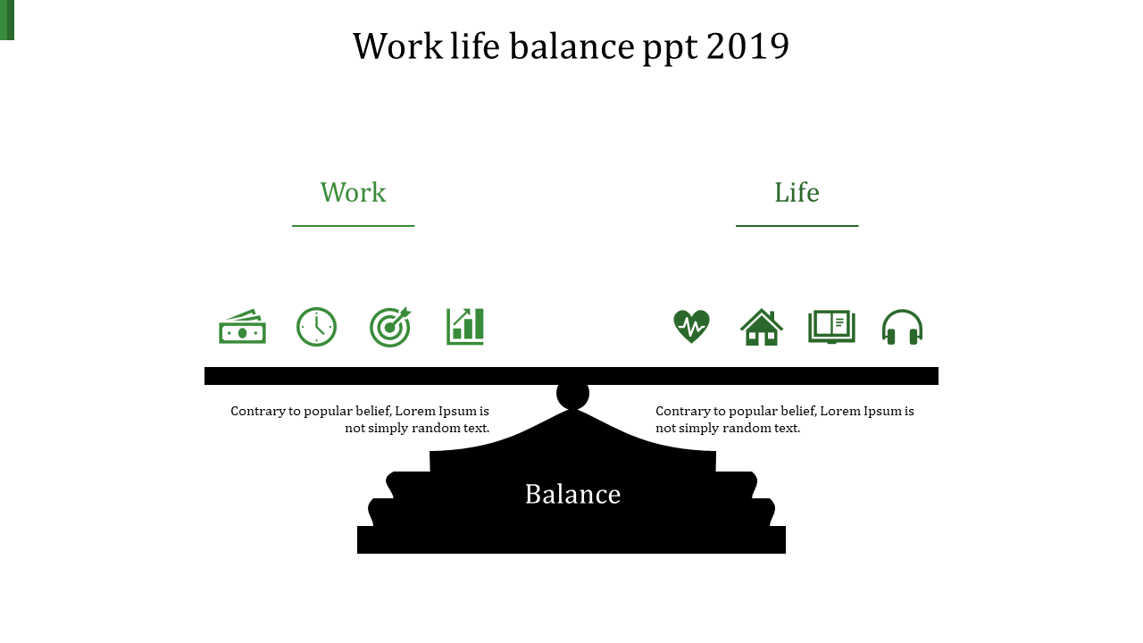 Black balance scale with eight green icons, illustrating the concept of work and life balance.