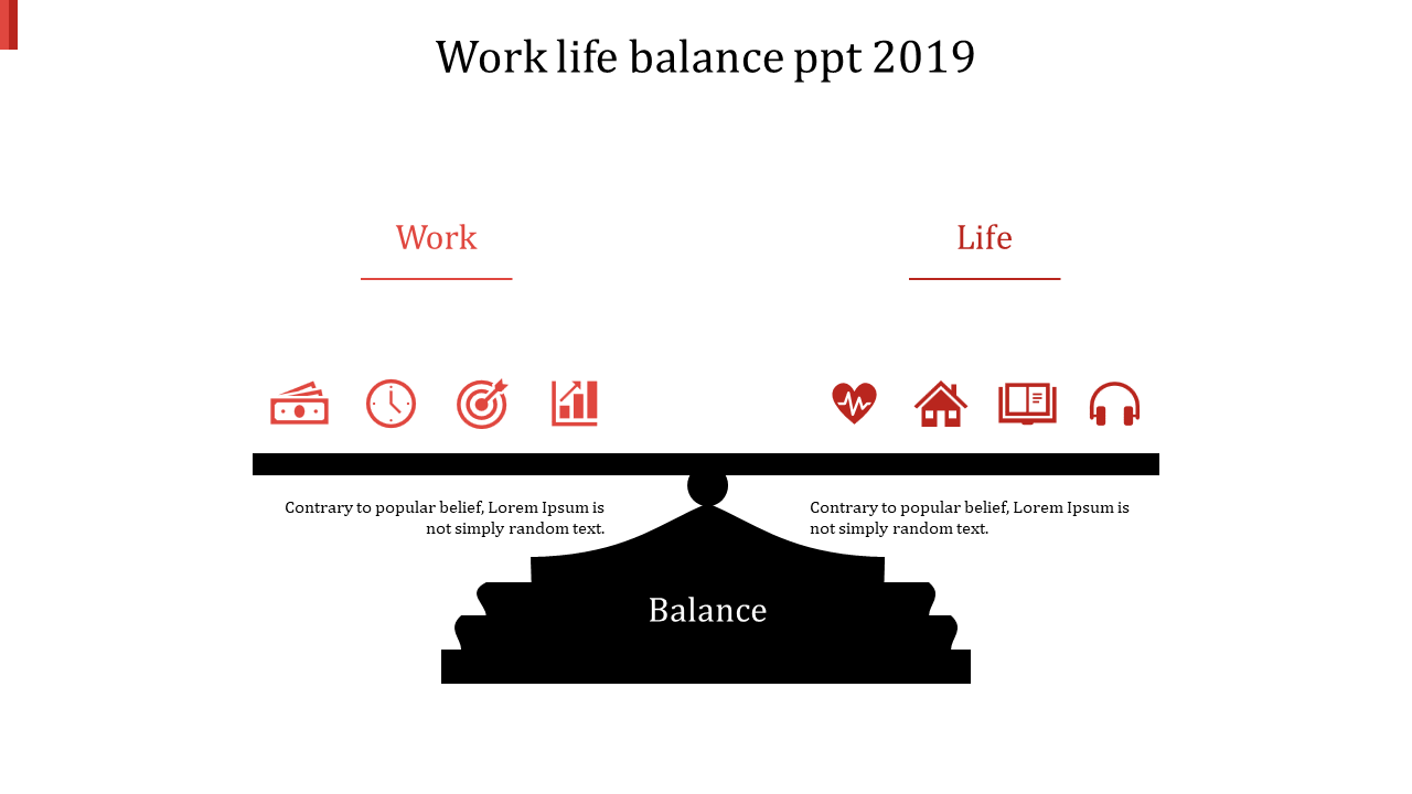 Symmetric layout with a black scale feauring eight red circular icons on either side, showcasing a balanced design.