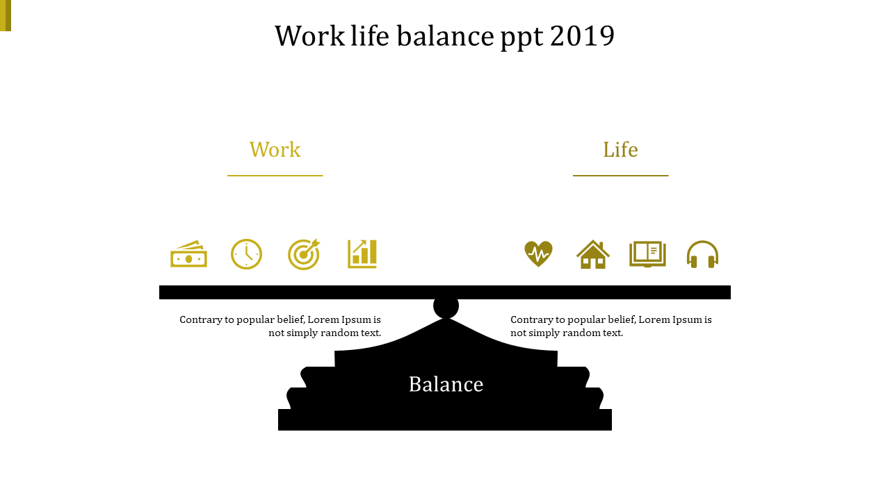 Work-life balance scale illustration with gold icons representing productivity and personal well-being.