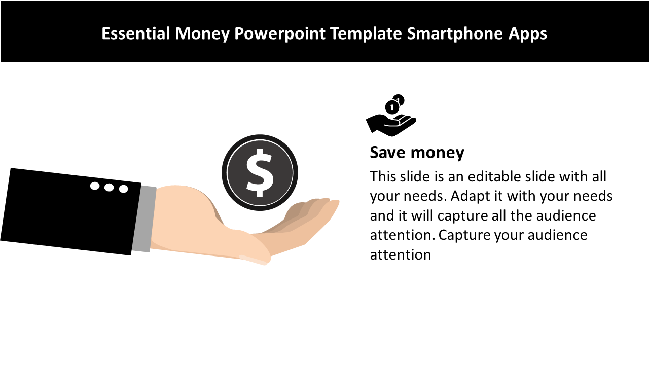 An open hand illustration in beige holding a black coin with a dollar symbol, and a text section on the right.