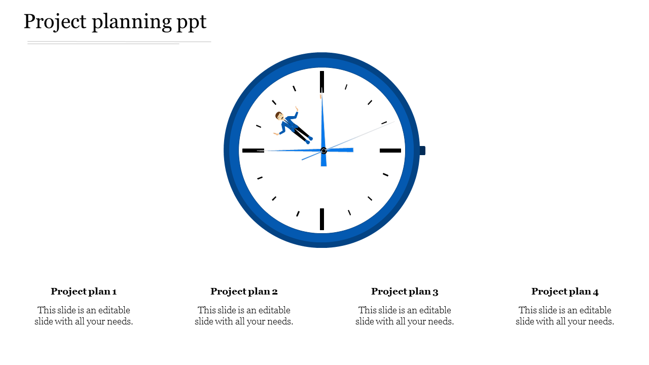 Project planning PowerPoint template featuring a blue clock with a person inside and four project plan sections below.