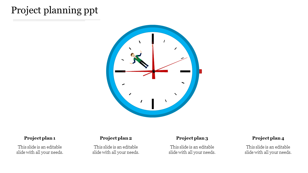 Infographic featuring a blue rimmed clock icon  in the center, and four text sections for project plans below.